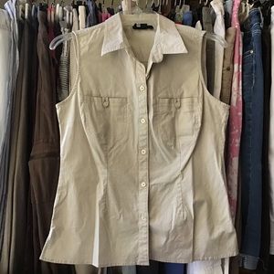 Sonoma Women S Small Button Front Collar Sleeveless Beige Khaki Cream Off White